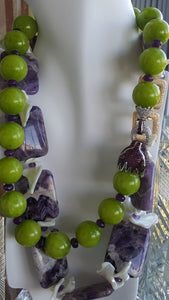 Couture necklaces of stunning Charoite, Green Jade, Amethyst, Mother of Pearl and Pave &  Gold Leopard Clasp. Exclusively at Mindy Grutman