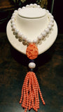 Luxuriously hand tied Coral, Mother of Pearl & Carved Amethyst Necklace