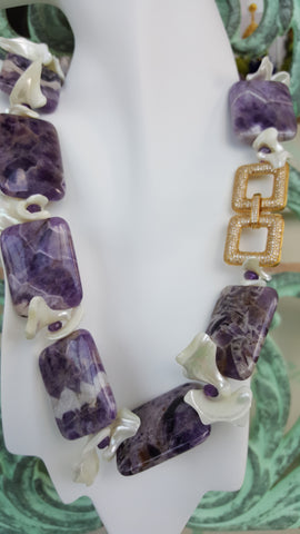 Exquisite Russian Charoite & Amethyst  Necklace with gold pave clasp 