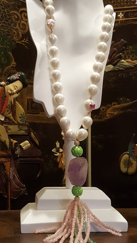 Butterfly &Pearl necklace with amethyst,  rose quartz,  jade, gold pave & crystal tassel