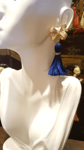 Sail to Newport Earrings.  Hand tied tassels with gold on gold bows.  Nautical couture. Mindy Grutman Jewelry 